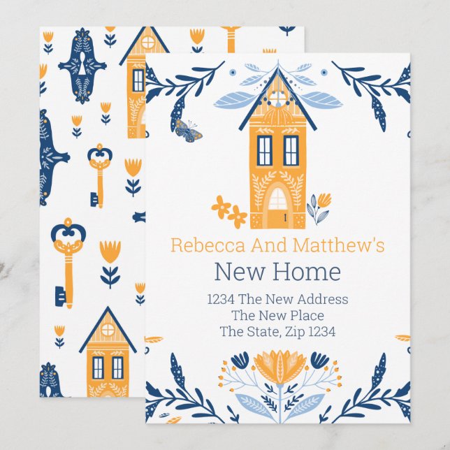 New Zuhause Hyge Blue Yellow House und Blume Einladung (Vorne/Hinten)
