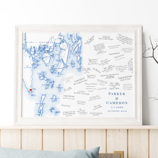 Newagen Southport Wedding Blue Guest Book Poster (Newagen Seaside Inn Wedding Alternative Guest Book Poster Boothbay Harbor Map by Coastal Map Designs)
