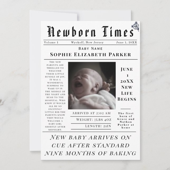 Newborn Times Birth Ankündigung (Vorderseite)