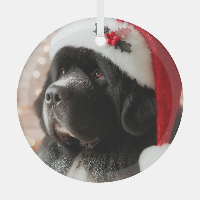 Newfie Pup Tragen einer Weihnachtsmannmütze Ornament Aus Glas (Vorderseite)