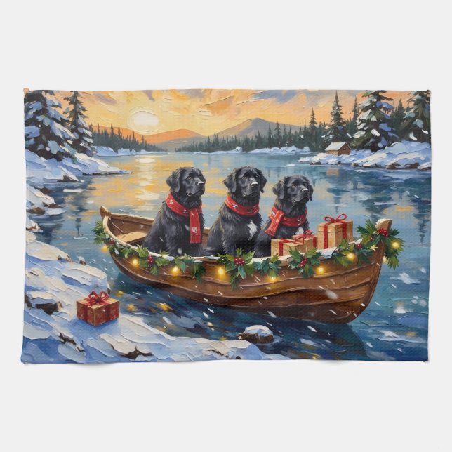 Newfoundland Dog Christmas Boat Holiday Geschirrtuch (Horizontal)