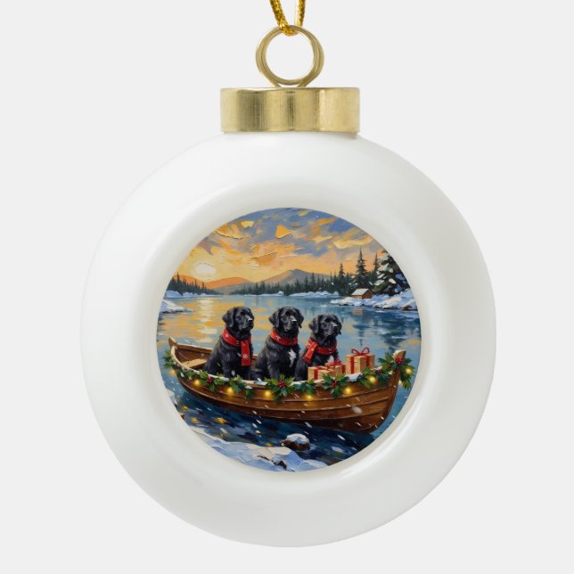 Newfoundland Dog Christmas Boat Holiday Keramik Kugel-Ornament (Vorderseite)