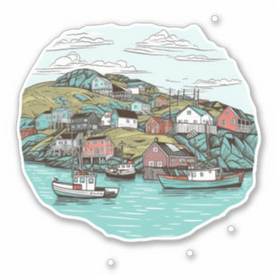 NEWFOUNDLAND HARBOR ILLUSTRATION IN DER FISCHEREIS AUFKLEBER