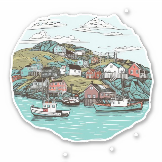 NEWFOUNDLAND HARBOR ILLUSTRATION IN DER FISCHEREIS AUFKLEBER (Vorderseite)