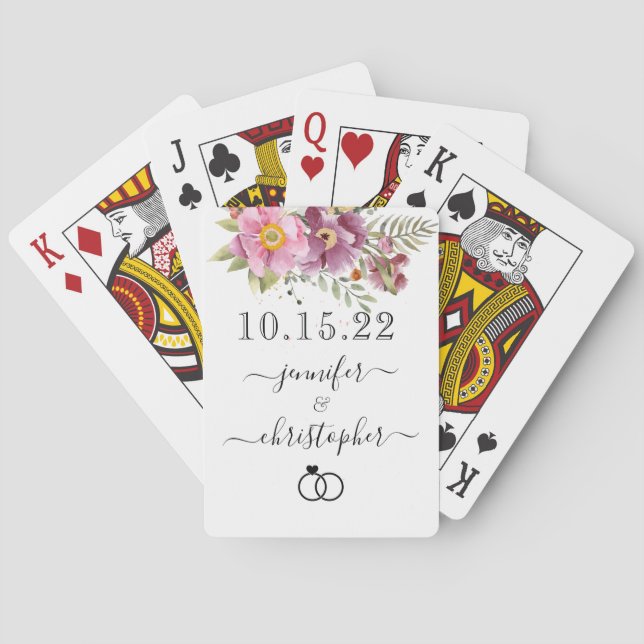 NEWLYWED Wedding Date mit Namen, Pink Florals Spielkarten (Rückseite)