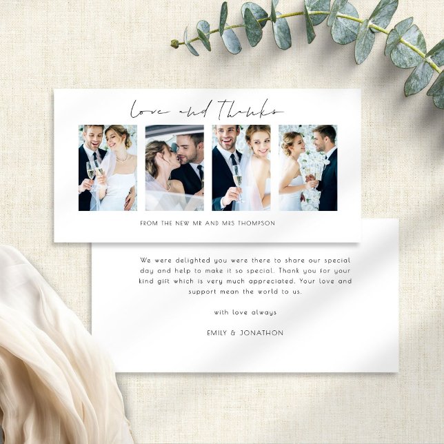 Newlyweds 4 Photos Love and Thanks Carte de remerc (Front and back view)