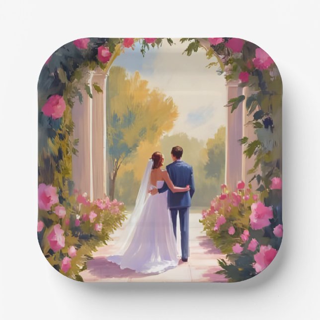 Newlyweds Bride & Groom Wedding Painting Pappteller (Vorderseite)