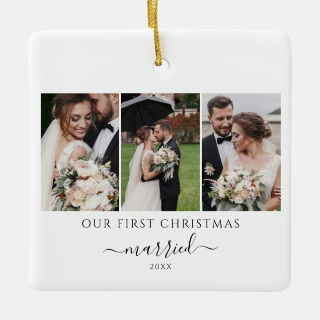 Newlyweds Foto Collage Erstes Weihnachtsfest Keramikornament (Vorderseite)