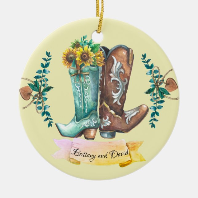 Newlyweds Rustic Wedding Cowboy Boots Watercolor Keramik Ornament (Vorne)