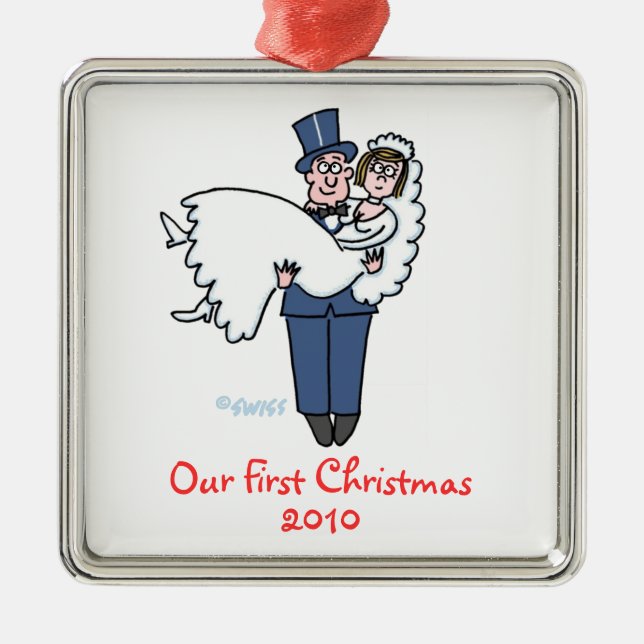 Newlywings First Christmas Together Cartoon Silbernes Ornament (Vorne)