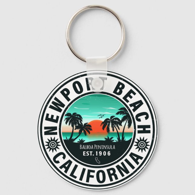 Newport Beach California Retro Sunset Souvenir 80e Schlüsselanhänger (Vorderseite)