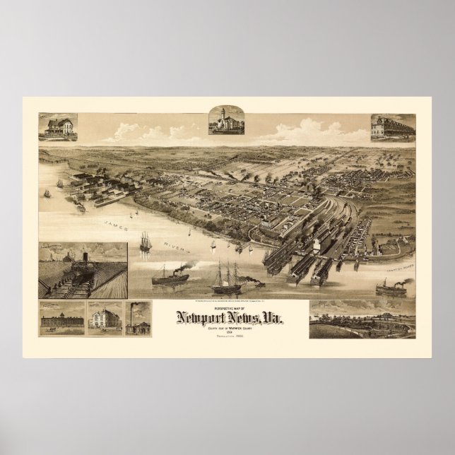 Newport News, VA Panoramic Karte - 1891 Poster (Vorne)