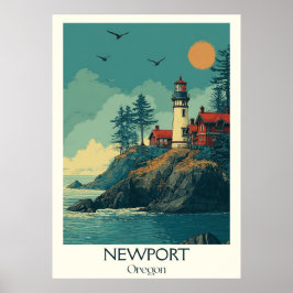 Newport Oregon Vintag Lighthouse Coastal Travel Poster