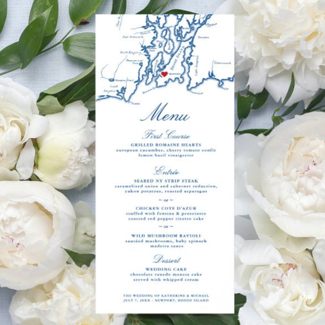 Newport Rhode Island Map Elegantes Navy-Script Menükarte (Newport RI Wedding Menu with Elegant navy Blue Narragansett Bay Map from Coastal Map Designs)