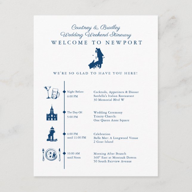 Newport RI Wedding Weekend Tour Timeline Encl Begleitkarte (Vorderseite)