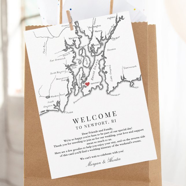 Newport RI Wedding Welcome Weekend Tour Dankeskarte (Newport RI Map Wedding Weekend Welcome Letter and Schedule of Events Card in Black and White )