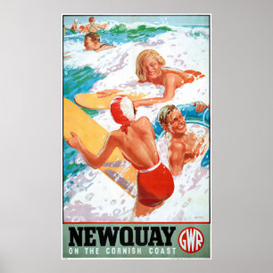 Newquay sur le Poster vintage de la côte de Cornou