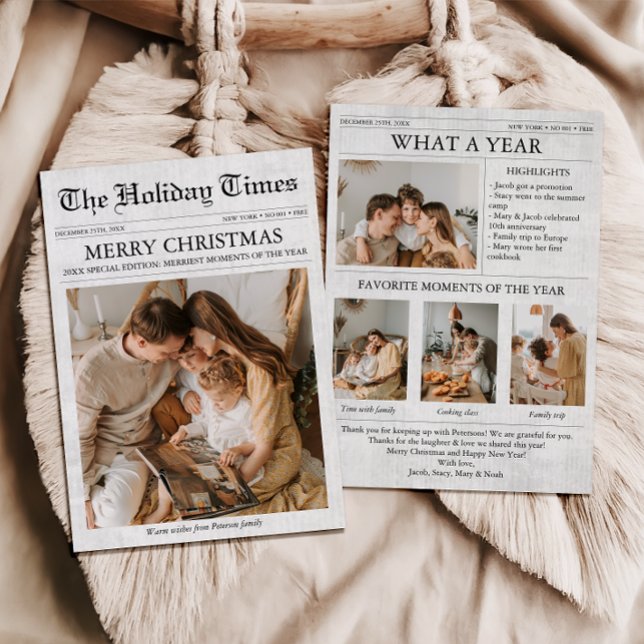 Newsletter der Zeitung Weihnachten FotoCollage (Newspaper Christmas Card What a Year Newsletter Unique Funny Family Holiday Card with Photos)