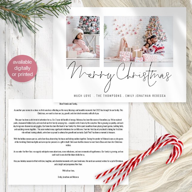 Newsletter Familie 2 Foto Script Frohe Weihnachten (Front and back view. Add your year in review newsletter on the back. Available digitally and printed)