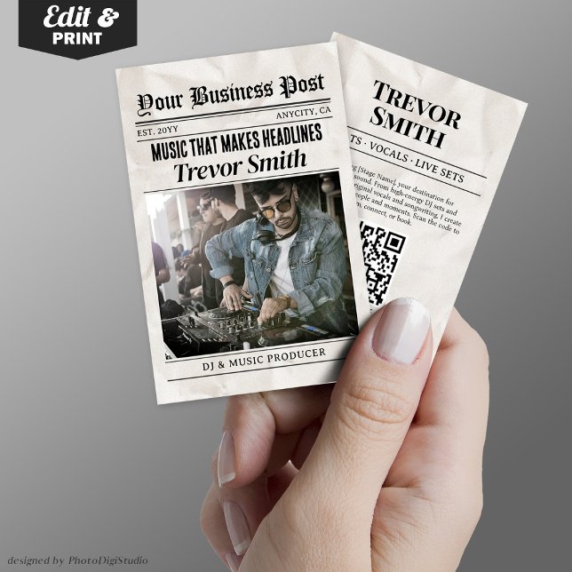 Newspaper Business Card, Live DJ Music Producer Telefonnummerkarte (Newspaper Business Card, Live DJ Music Producer Calling Card)