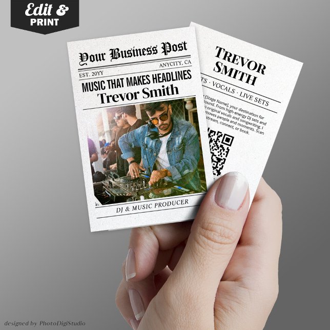 Newspaper Business Card, Live DJ Music Producer Telefonnummerkarte (Newspaper Business Card, Live DJ Music Producer Calling Card)
