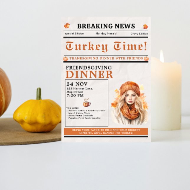 Newspaper Friendsgiving Dinner Thanksgiving Fall Einladung (Newspaper Friendsgiving Dinner Thanksgiving Fall Invitation simple minimalist pumpkin funny unique)