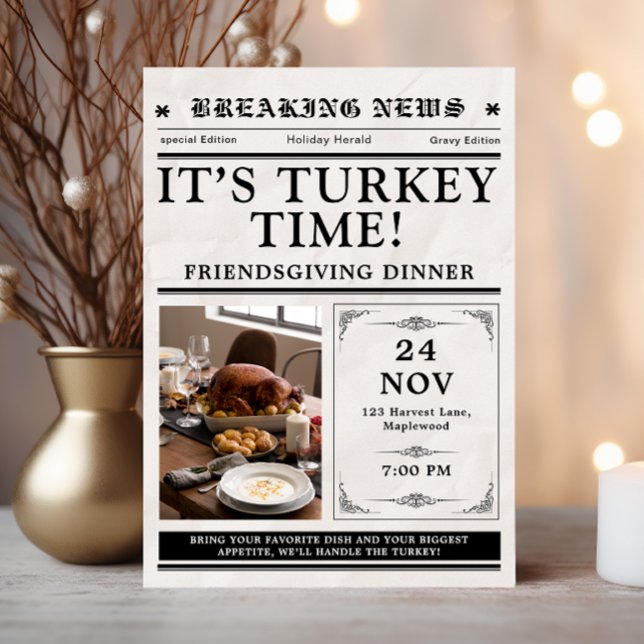 Newspaper Friendsgiving Dinner Thanksgiving Fall Einladung (thanksgiving invitations dinner friendsgiving party feast rustic fall leaves newspaper style vintage)