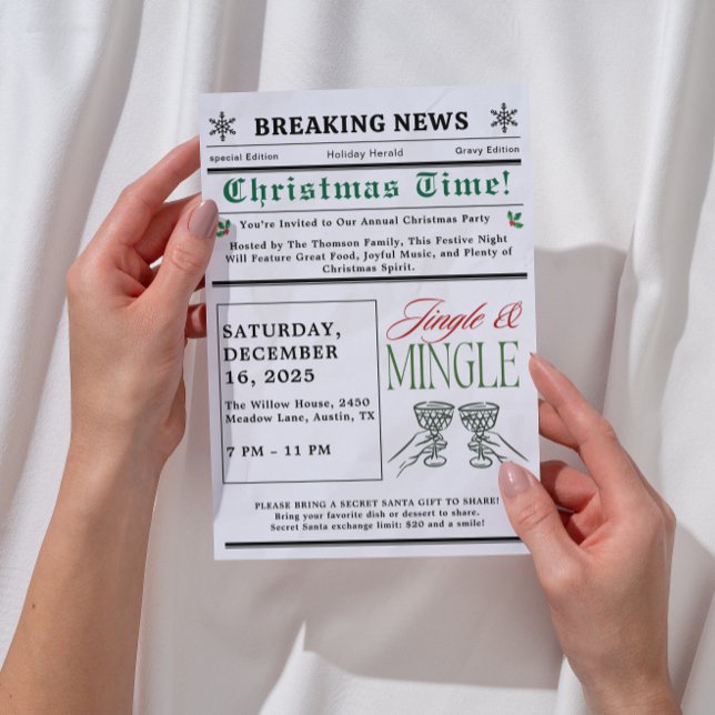 Newspaper Jingle and Mingle Cocktail Christmas  Einladung (newspaper jingle and mingle christmas invitations exchange christmas cocktail party white elephant )