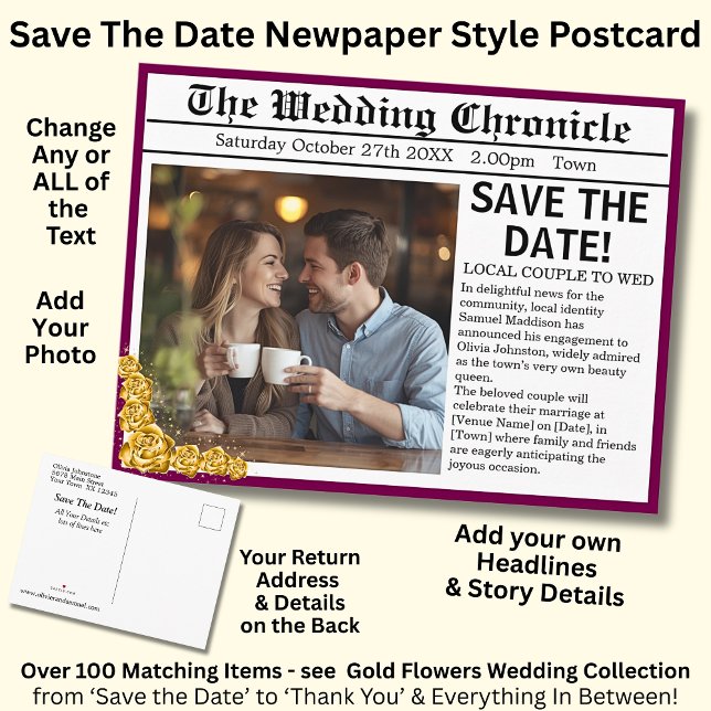 Newspaper Photo Style Save The Date, Maroon & Gold Ankündigungspostkarte (Von Creator hochgeladen)