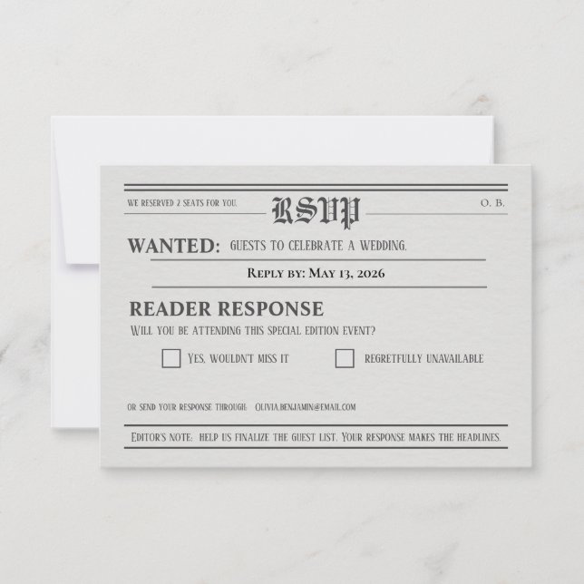 Newspaper-Style Wedding RSVP Response card (Devant)
