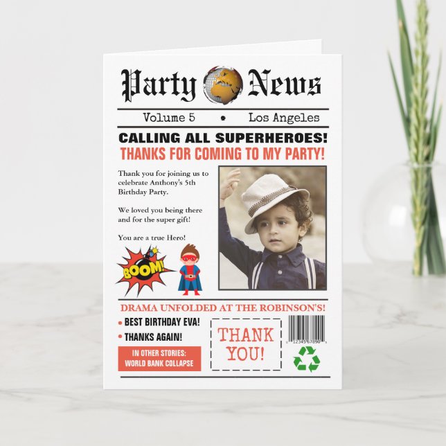Newspaper Superhero Birthday Party Foto Dankeskarte (Vorderseite)