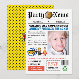 Newspaper Superhero Birthday Party Foto Einladung