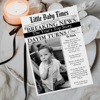 Newspaper Unique Fun Photo Boy 1st Birthday Party Einladung