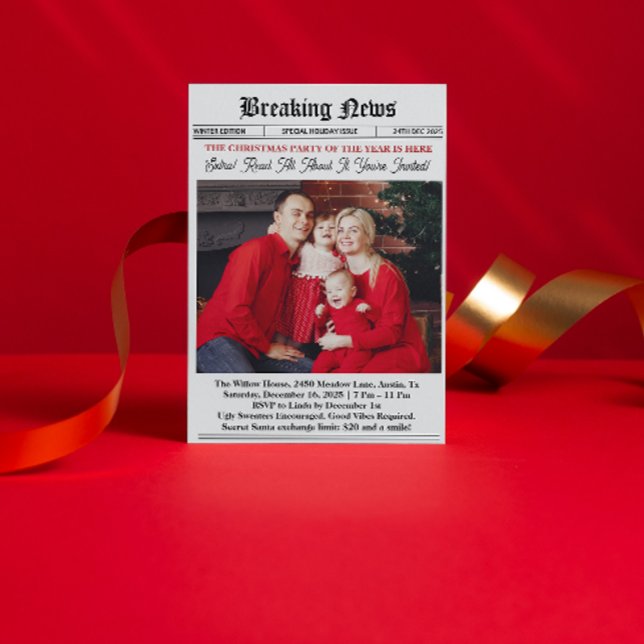 Newspaper Vintage Christmas Party Einladung ( newspaper Christmas Party Invitation secret santa white elephant exchange favorite things party)