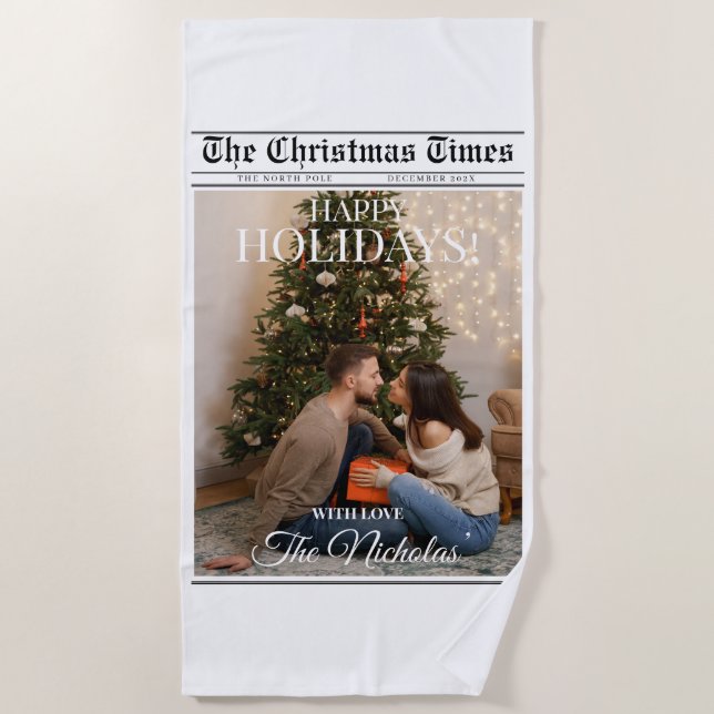 Newspaper What A Year Black White Photo Christmas Strandtuch (Vorderseite)