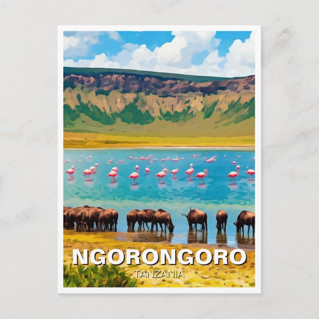 Ngorongoro Tansania Wildebeest Flamingo Postkarte (Vorderseite)