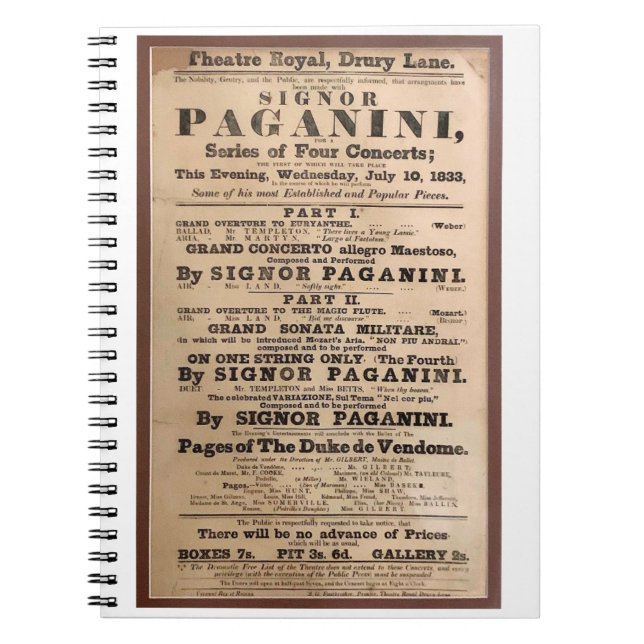 Niccolò Paganini Konzertposter Drury Lane London Notizblock (Vorderseite)