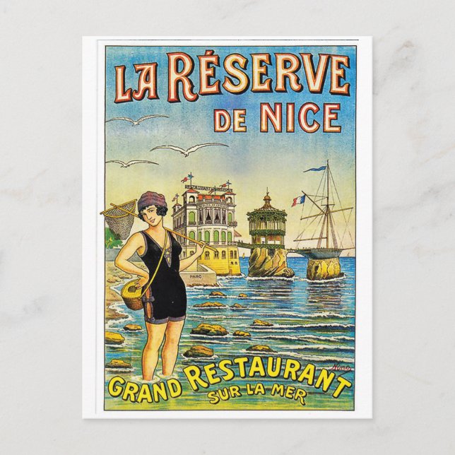 Nice, Frankreich, Frau in Badeanzug am Strand Postkarte (Vorderseite)