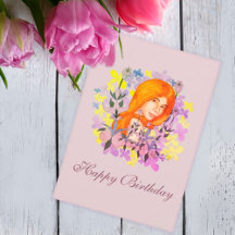 Nice girl in the garden. Watercolor Happy Birthday