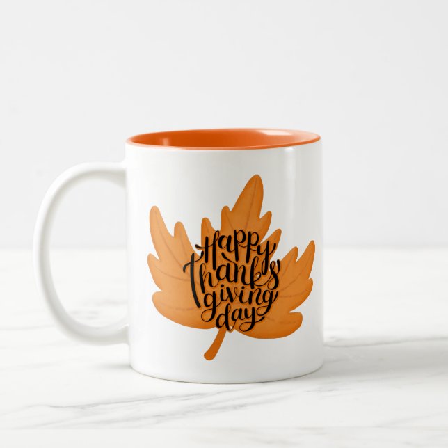 Nice Happy Thanksgiving Typografie auf Leaf Fall Zweifarbige Tasse (Links)