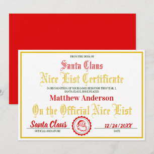 Nice List Certificate for Children Christmas Gift Feiertagskarte