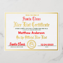 Nice List Certificate | Kinderweihnachtsgeschenk Folien Feiertagskarte