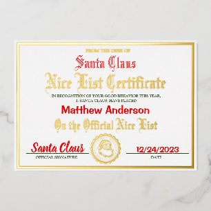 Nice List Certificate   Kinderweihnachtsgeschenk Folien Feiertagskarte