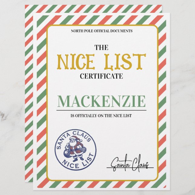 Nice List Certificate Signed by Santa Personalized (Vorne/Hinten)