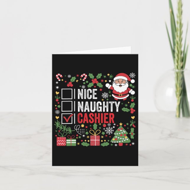 Nice Naughty Cashier Funny Christmas Weihnachtsman Karte (Vorderseite)