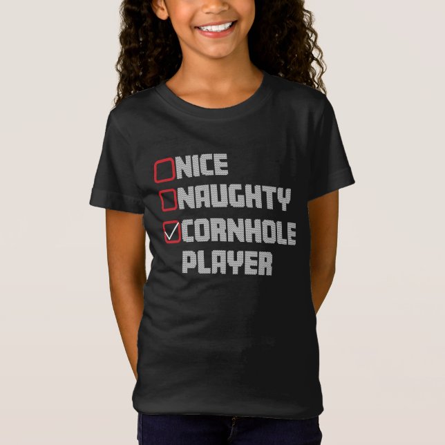 Nice Naughty Cornhole Player List Uggge Weihnachte T-Shirt (Vorderseite)