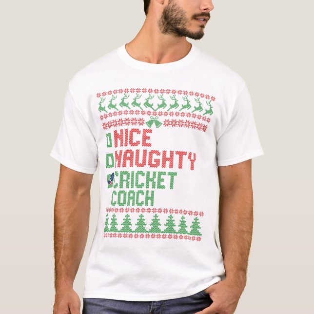 Nice Naughty Cricket Coach Funny Christmas Geschen T-Shirt (Vorderseite)
