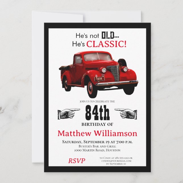 Nicht alt, aber klassisch 1939 Red Truck Geburtsta Einladung (Vorderseite)