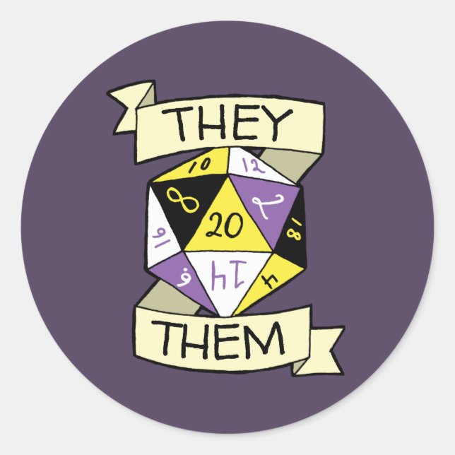 Nicht binär sie sie Pronouns D20 Tabletop Dice Runder Aufkleber (Vorderseite)