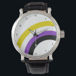 Nicht binäre Regenbogenfreiheit Personalisiert Armbanduhr<br><div class="desc">Die nicht binären Farben Gelb,  Weiß,  lila und Schwarz schaffen den coolen Regenbogen auf dieser lustigen,  benutzerdefinierten Stolz-Uhr. Sie schauen sich einen nichtbinären Freund in der Genderqueer-Gemeinschaft an.</div>
